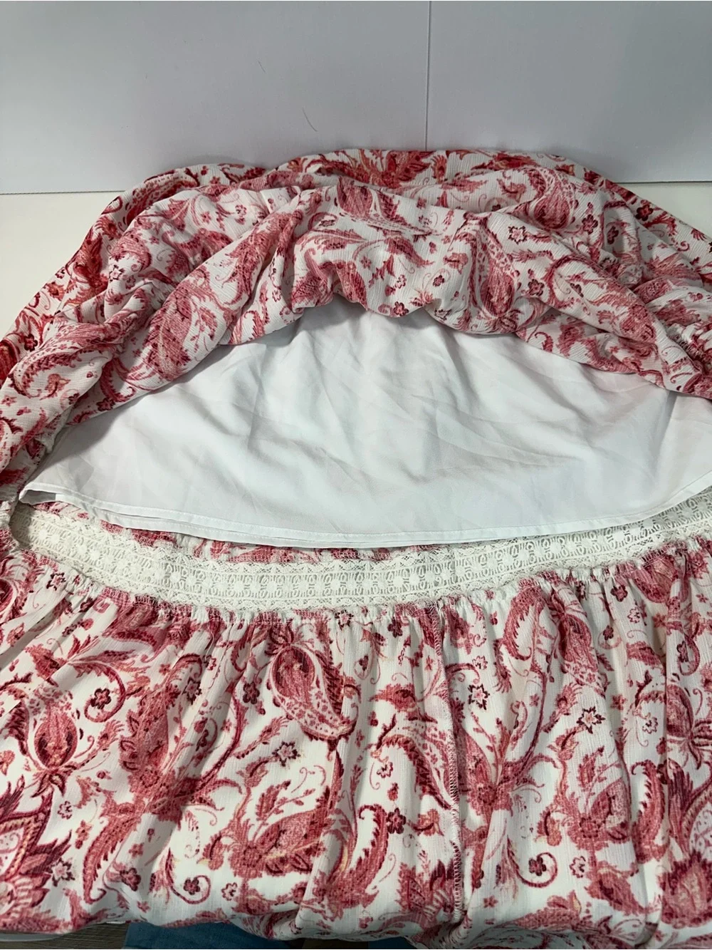 Frye Red Paisley Tiered Midi Skirt with Cream Crochet Trim Western Festival